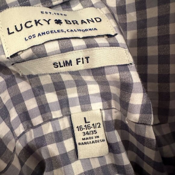 LUCKY BRAND MENS SLIM FIT LARGE 16-16.5 34/35 BLUE PLAID LONG SLEEVE BUTTON SHI - Picture 7 of 8